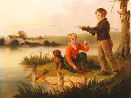 Fishing boy, dog, water