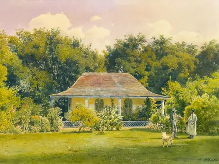 Garden scene with people and animals