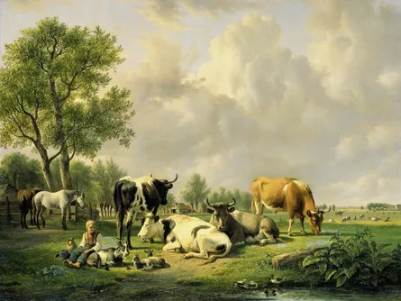 Painting of cows in a pasture