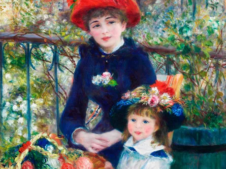 Artistic portrait of two women in an outdoor setting, painted with a realistic style