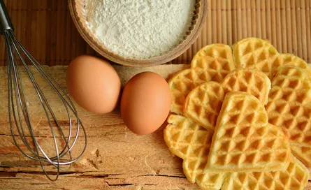 Waffle mix, eggs, waffles