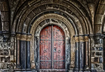 A medieval archway with stone pillars