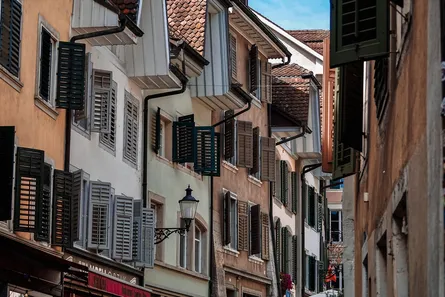 Row of shuttered buildings