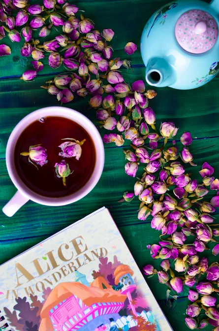 Tea, flowers, book, cozy