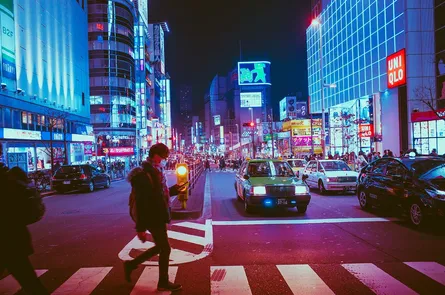 Busy city street at night