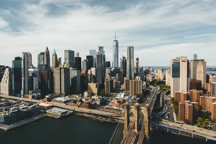 Two skyscrapers overlooking city