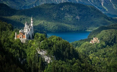 Castle on lake in mountains