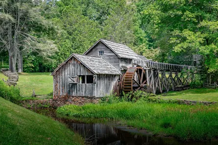 Rural scene with green trees and rustic building