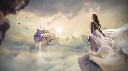 A woman stands before a castle in the sky