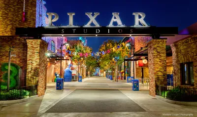Pixar studios entrance at night