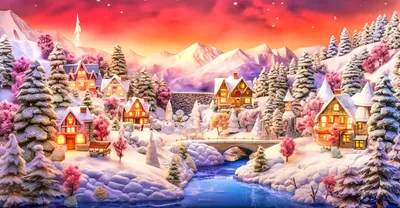 Snowy holiday village, pastel sky