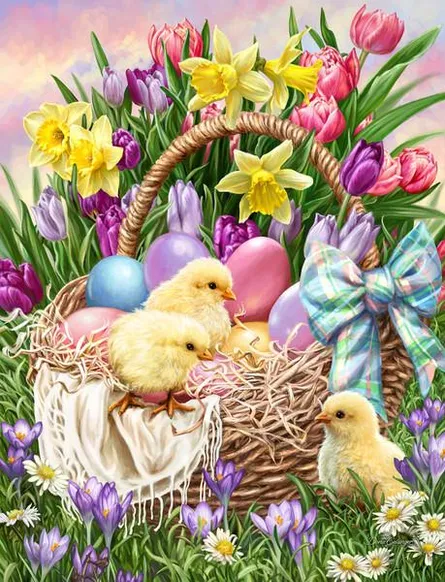 "Springtime Chicks in Basket of Flowers"