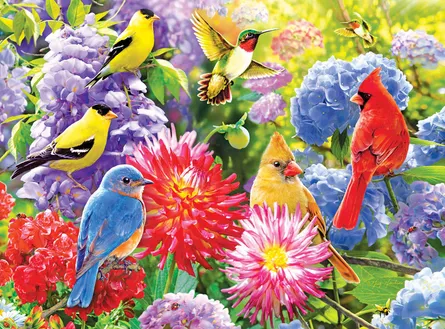 Vibrant birds among flowers