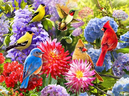 Colorful birds amidst flowers