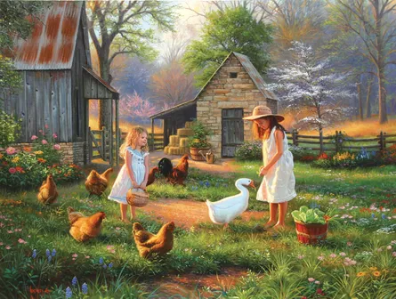 Little girl feeding chickens