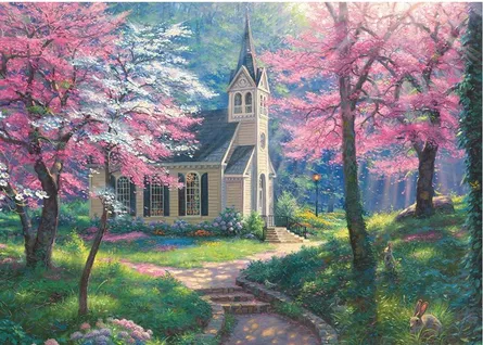 Charming church surrounded by blossoms