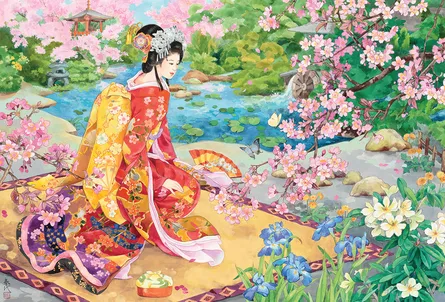 Elegant woman among blossoms