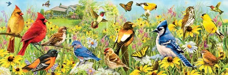 Colorful birds in flowers