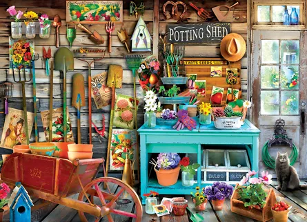 Gardening shed, garden tools, pots and plants