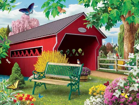 Red barn with flowers