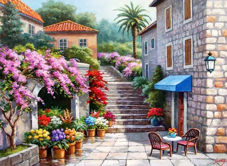 Colorful village with flowers