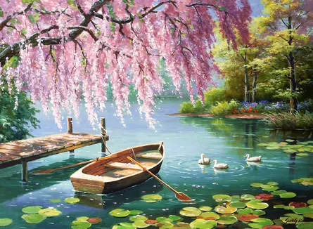 Pond with boat, bird, pink cherry blossoms