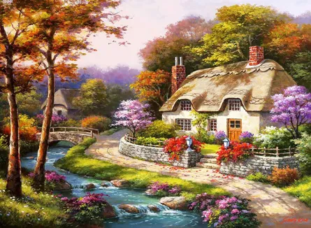 Serene cottage by stream