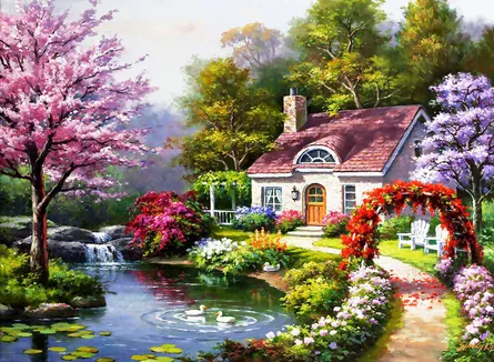 Colorful flowery garden house with stream